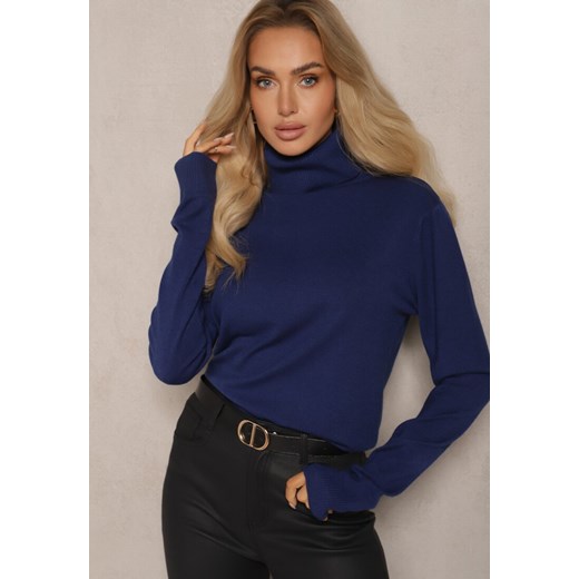 Granatowy Klasyczny Golf Longsleeve z Dodatkiem Wiskozy Leriona ze sklepu renee.pl w kategorii Swetry damskie - zdjęcie 179921664