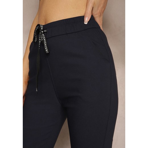 Granatowe Spodnie z Bawełną High Waist z Napisami oraz Gumką w Talii Rilaira Renee S okazyjna cena renee.pl