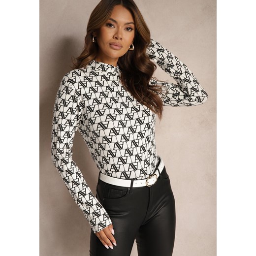 Biało-Czarna Bawełniana Bluzka Golf Longsleeve w Literowy Wzór Stelinia ze sklepu renee.pl w kategorii Bluzki damskie - zdjęcie 179922130
