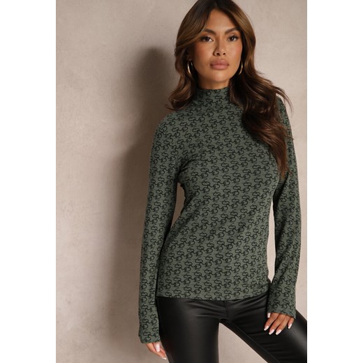 Ciemnozielona Bluzka z Bawełny Golf w Literowy Wzór Stelinne Renee XL renee.pl wyprzedaż