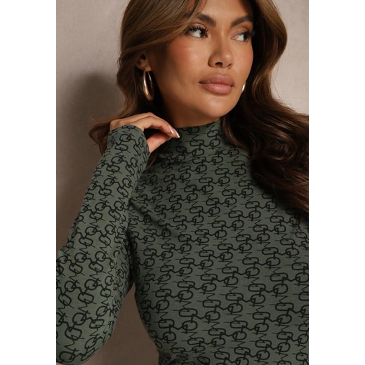 Ciemnozielona Bluzka z Bawełny Golf w Literowy Wzór Stelinne Renee 2XL promocja renee.pl
