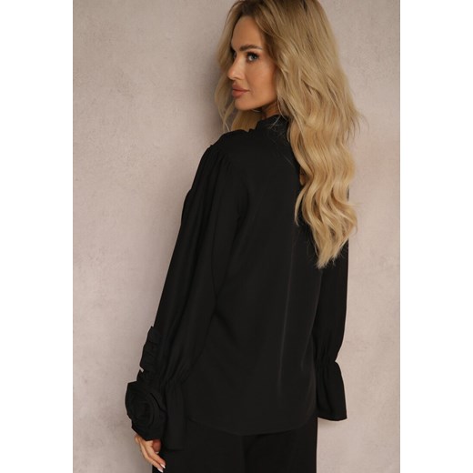 Czarna Bluzka z Dodatkiem Bawełny Ozdobiona Kwiatem 3D Merisara Renee S okazja renee.pl