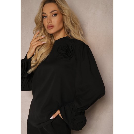 Czarna Bluzka z Dodatkiem Bawełny Ozdobiona Kwiatem 3D Merisara Renee M wyprzedaż renee.pl