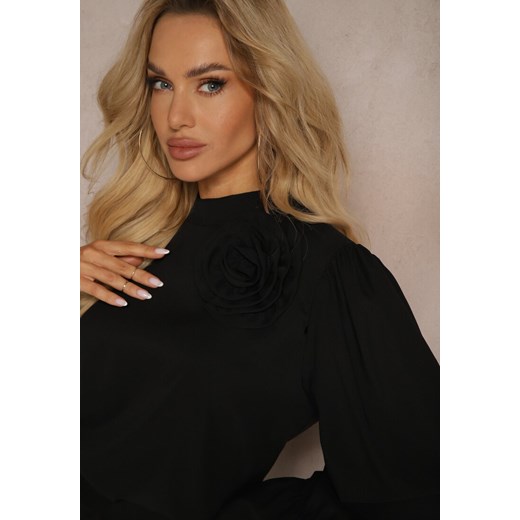 Czarna Bluzka z Dodatkiem Bawełny Ozdobiona Kwiatem 3D Merisara Renee S renee.pl wyprzedaż