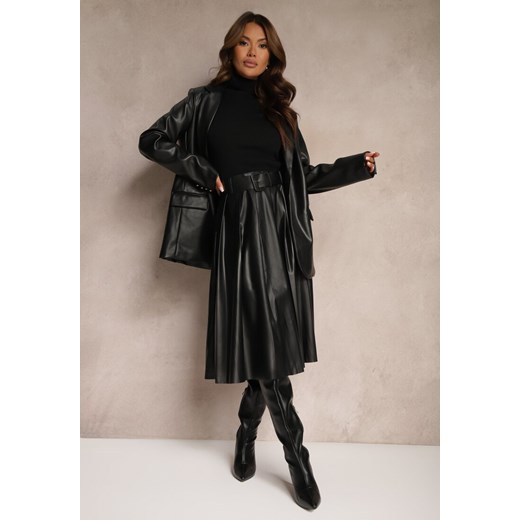 Czarna Plisowana Spódnica w Stylu Preppy o Rozkloszowanym Kroju High Waist z Paskiem Iriviel ze sklepu renee.pl w kategorii Spódnice - zdjęcie 179922723