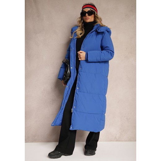 Niebieska Długa Kurtka z Pikowaniem z Odpinanym Kapturem i Wsuwanymi Kieszeniami Daitras ze sklepu renee.pl w kategorii Kurtki damskie - zdjęcie 179923151
