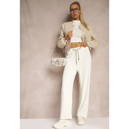 Jasnobeżowe Prążkowane Spodnie Szerokie High Waist z Troczkiem w Pasie Saivine ze sklepu renee.pl w kategorii Spodnie damskie - zdjęcie 179923522