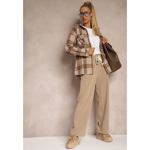 Beżowe Prążkowane Spodnie Szerokie High Waist z Troczkiem w Pasie Saivine ze sklepu renee.pl w kategorii Spodnie damskie - zdjęcie 179923532
