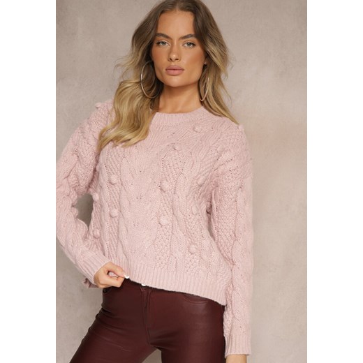 Różowy Sweter z Wełną i Wiskozą Ozdobiony Tłoczeniem i Kulkami Vaiannae ze sklepu renee.pl w kategorii Swetry damskie - zdjęcie 179924662