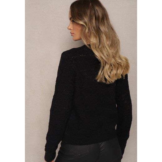 Czarny Pudełkowy Kardigan z Wełną i Wiskozą o Tłoczonym Splocie Vaitra Renee S promocja renee.pl