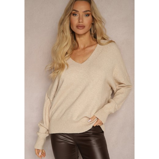 Beżowy Klasyczny Sweter z Wiskozą i Kaszmirem Marirra Renee ONE SIZE okazyjna cena renee.pl