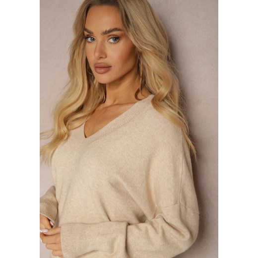 Beżowy Klasyczny Sweter z Wiskozą i Kaszmirem Marirra Renee ONE SIZE renee.pl wyprzedaż