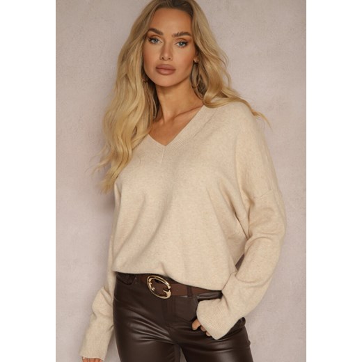 Beżowy Klasyczny Sweter z Wiskozą i Kaszmirem Marirra ze sklepu renee.pl w kategorii Swetry damskie - zdjęcie 179925132