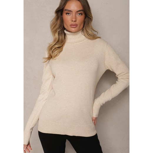 Beżowy Golf Sweter o Dopasowanym Kroju z Kaszmirem Zairith ze sklepu renee.pl w kategorii Swetry damskie - zdjęcie 179925152
