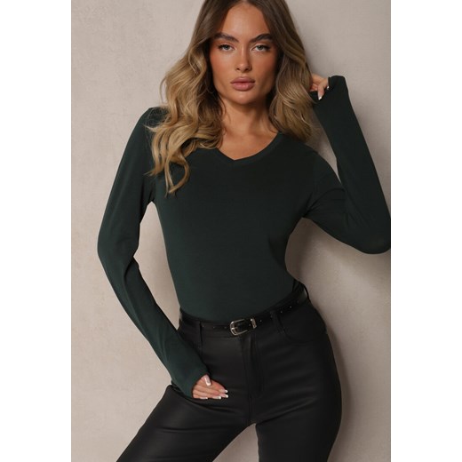 Zielona Bluzka Bawełniana Typu Longsleeve z Dekoltem w Kształcie Litery V Miavelle ze sklepu renee.pl w kategorii Bluzki damskie - zdjęcie 179925222