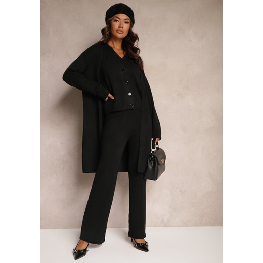 Czarny Komplet Dzianinowy z Wełną Spodnie Długi Kardigan i Top na Guziki Dailith ze sklepu renee.pl w kategorii Komplety i garnitury damskie - zdjęcie 179925492