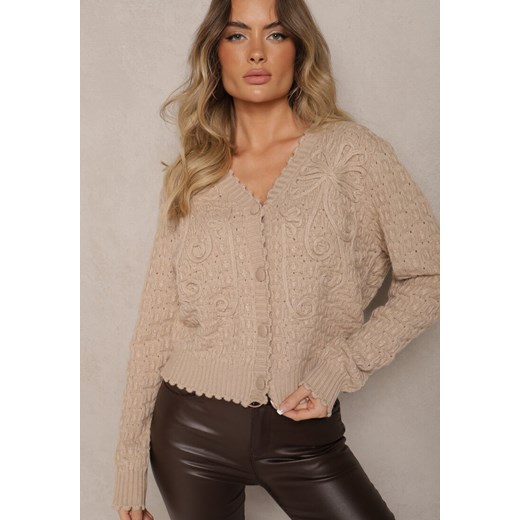 Beżowy Kardigan  w Stylu Oversize z Guzikami i Ozdobnymi Tłoczeniami Palabia ze sklepu renee.pl w kategorii Swetry damskie - zdjęcie 179926311