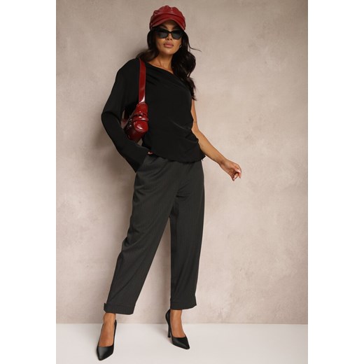 Ciemnoszare Garniturowe Spodnie o Szerokich Nogawkach Lekko Prążkowane High Waist Belbanne ze sklepu renee.pl w kategorii Spodnie damskie - zdjęcie 179926431