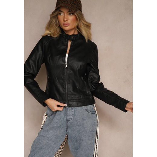 Czarna Kurtka Ramoneska o Taliowanym Motocyklowym Kroju ze Stójką Delorine ze sklepu renee.pl w kategorii Kurtki damskie - zdjęcie 179926662