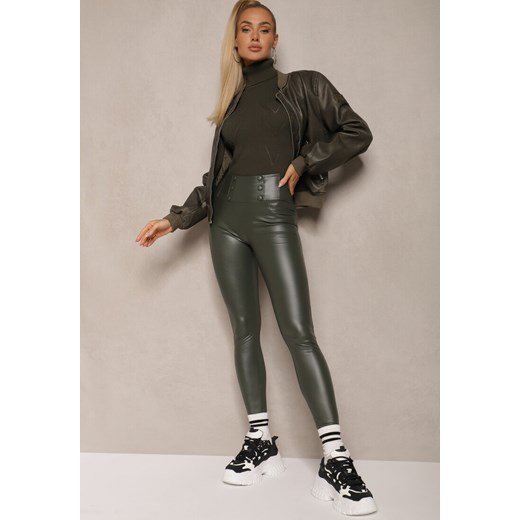 Ciemnozielone Legginsy Push-Up z Ekoskóry Ocieplone Polarkiem Alabella ze sklepu renee.pl w kategorii Spodnie damskie - zdjęcie 179926914