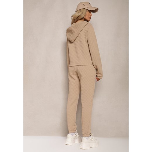 Ciemnobeżowy Komplet Dresowy z Domieszką Bawełny Pikowana Bluza z Kapturem i Renee L promocja renee.pl