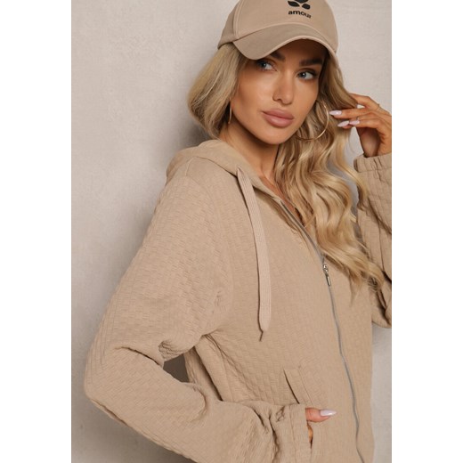 Ciemnobeżowy Komplet Dresowy z Domieszką Bawełny Pikowana Bluza z Kapturem i Renee S wyprzedaż renee.pl