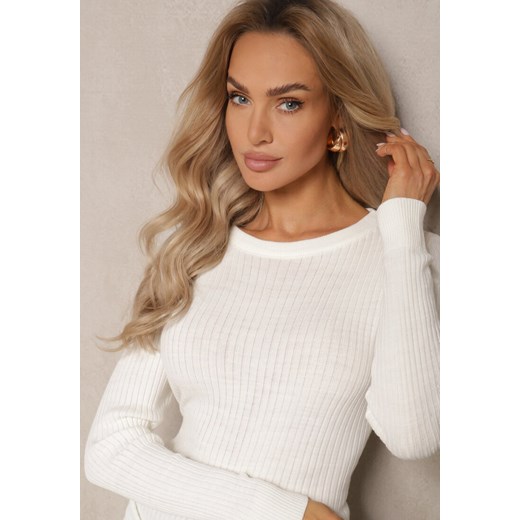 Biała Casualowy Sweter z Prążkowanego Materiału Zintra Renee S okazja renee.pl