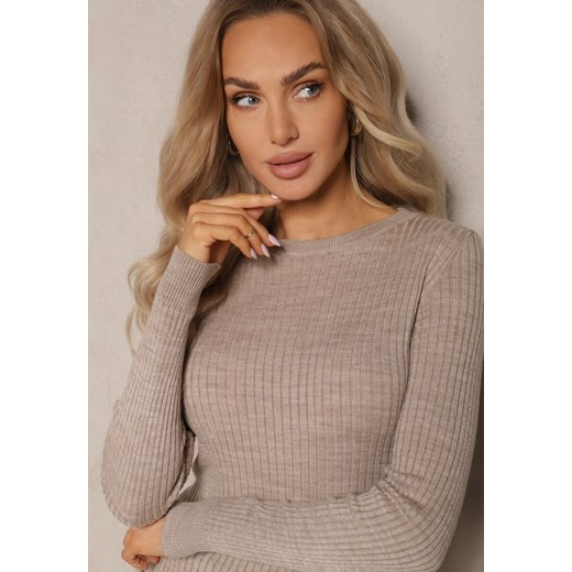 Jasnobeżowy Casualowy Sweter z Prążkowanego Materiału Zintra Renee S promocyjna cena renee.pl