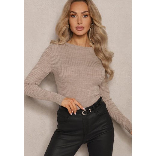 Jasnobeżowy Casualowy Sweter z Prążkowanego Materiału Zintra ze sklepu renee.pl w kategorii Swetry damskie - zdjęcie 179927911