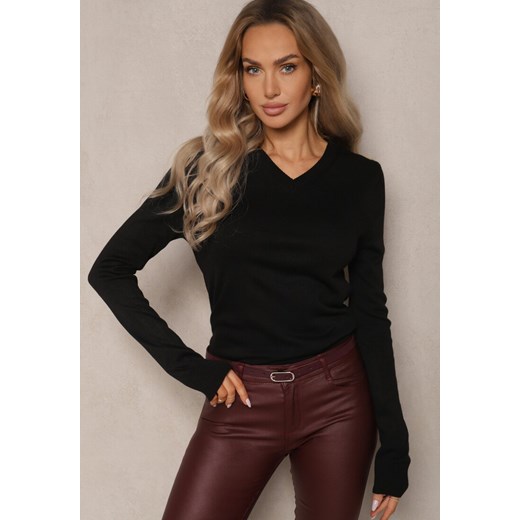 Czarny Casualowy Sweter z Dekoltem w Serek Amitta ze sklepu renee.pl w kategorii Swetry damskie - zdjęcie 179927941