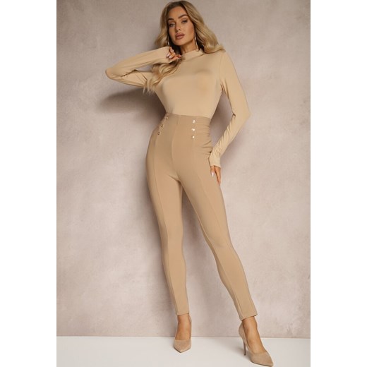 Beżowe Legginsy Bawełniane High Waist Ozdobione Guzikami Liorvia ze sklepu renee.pl w kategorii Spodnie damskie - zdjęcie 179927991