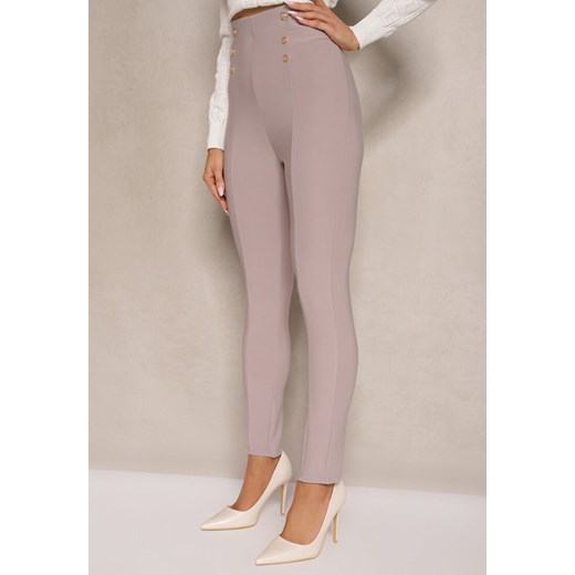 Jasnobeżowe Legginsy Bawełniane High Waist Ozdobione Guzikami Liorvia ze sklepu renee.pl w kategorii Spodnie damskie - zdjęcie 179927994