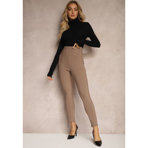Ciemnobeżowe Legginsy Bawełniane High Waist Ozdobione Guzikami Liorvia ze sklepu renee.pl w kategorii Spodnie damskie - zdjęcie 179928053