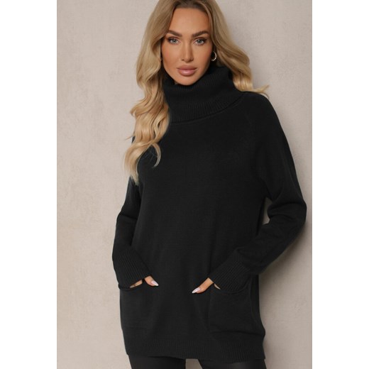 Czarny Casualowy Golf z Domieszką Wiskozy Ozdobiony Małymi Kieszeniami Viasya ze sklepu renee.pl w kategorii Swetry damskie - zdjęcie 179928651