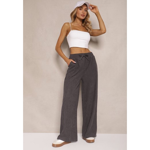 Szare Spodnie o Szerokim Kroju High Waist z Wiązaniem w Pasie Ettianne ze sklepu renee.pl w kategorii Spodnie damskie - zdjęcie 179929084