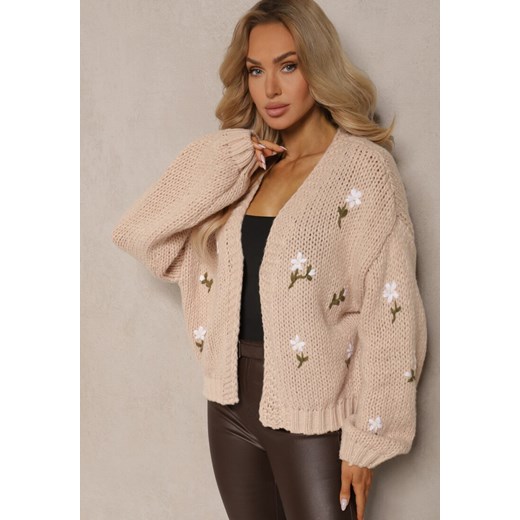 Brązowy Kardigan w Kwiatowe Aplikacje z Zapięciem na Elegancką Agrafkę Patista ze sklepu renee.pl w kategorii Swetry damskie - zdjęcie 179930044