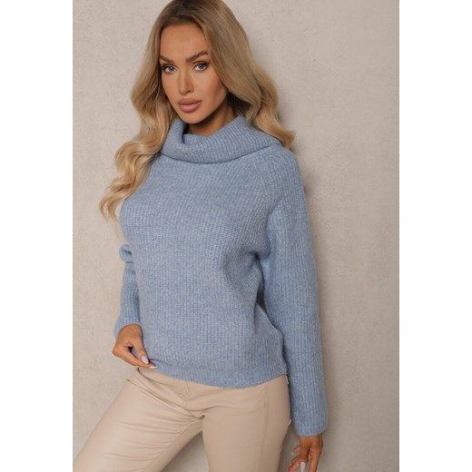 Jasnoniebieski Klasyczny Golf z Wełną i Obszernym Kołnierzem Zemilda ze sklepu renee.pl w kategorii Swetry damskie - zdjęcie 179930072