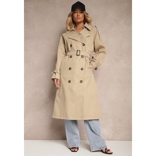Beżowy Oversizowy Płaszcz Trencz o Dwurzędowym Kroju z Paskiem Darinella ze sklepu renee.pl w kategorii Płaszcze damskie - zdjęcie 179930222