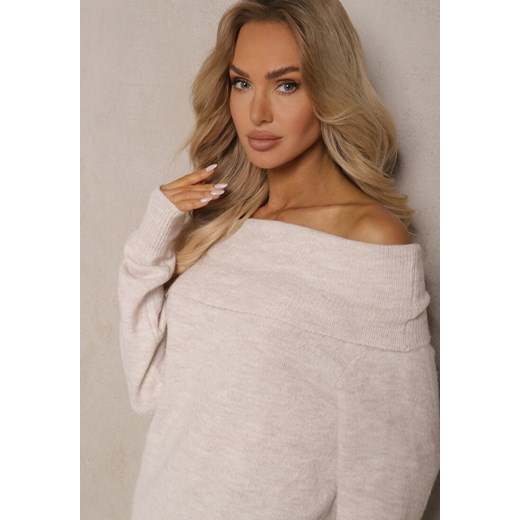 Beżowy Sweter z Wiskozą i Wełną Ozdobiony Wywiniętym Dekoltem Ravarienne Renee S wyprzedaż renee.pl