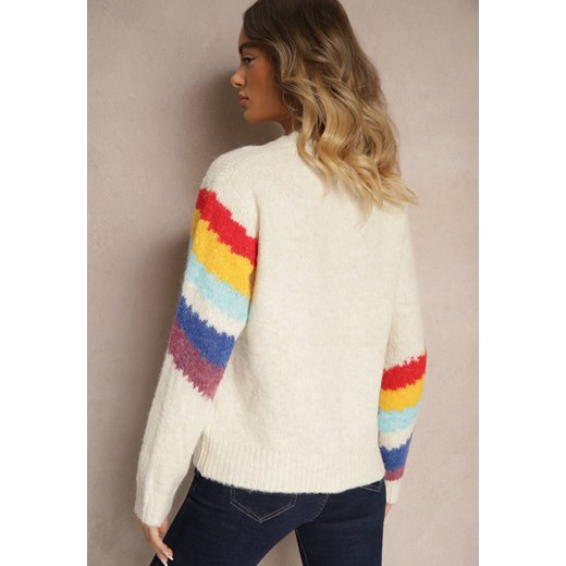 Jasnobeżowy Sweter Ozdobiony Ukośnymi Paskami Zenstina Renee ONE SIZE okazyjna cena renee.pl