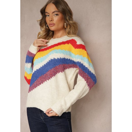 Jasnobeżowy Sweter Ozdobiony Ukośnymi Paskami Zenstina Renee ONE SIZE okazja renee.pl