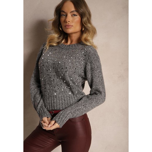 Ciemnoszary Casualowy Sweter z Bawełną i Cekinami Savintha ze sklepu renee.pl w kategorii Swetry damskie - zdjęcie 179930720