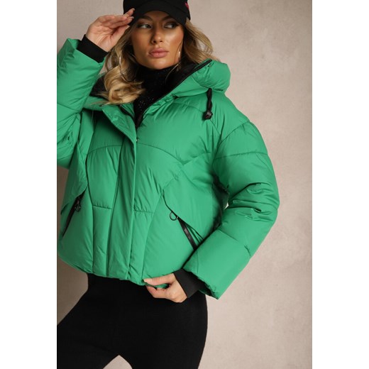 Zielona Pudełkowa Kurtka z Pikowanymi Przeszyciami i Kapturem Zdobiona Renee 2XL wyprzedaż renee.pl