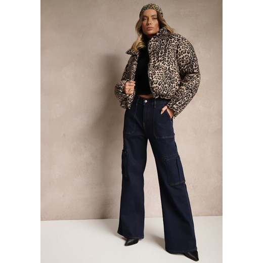 Granatowe Jeansy z Bawełną o Szerokim Kroju High Waist z Kieszeniami Cargo Phirinna ze sklepu renee.pl w kategorii Jeansy damskie - zdjęcie 179932503