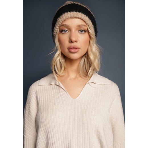 Jasnobeżowy Komplet z Prążkowanej Dzianiny z Wiskozą Sweter z Kołnierzem i Renee ONE SIZE wyprzedaż renee.pl