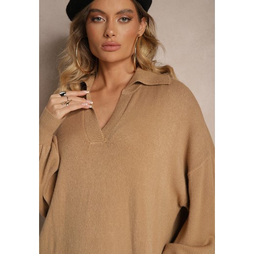 Ciemnobeżowa Sweterkowa Sukienka z Wiskozą o Pudełkowym Kroju Ozdobiona Renee ONE SIZE wyprzedaż renee.pl