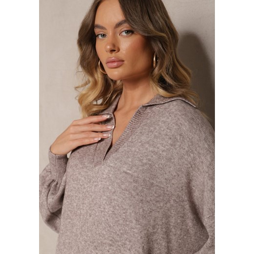 Beżowa Sweterkowa Sukienka z Wiskozą o Pudełkowym Kroju Ozdobiona Kołnierzykiem Renee ONE SIZE okazyjna cena renee.pl