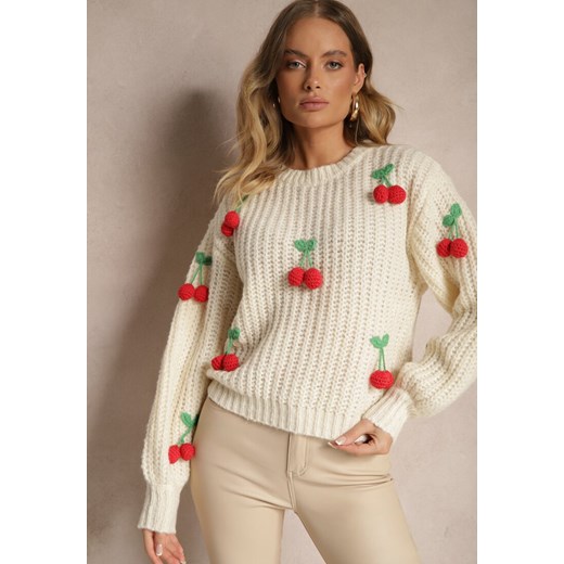 Jasnobeżowy Sweter ze Ściągaczami w Wisienki Ventinnia ze sklepu renee.pl w kategorii Swetry damskie - zdjęcie 179934152