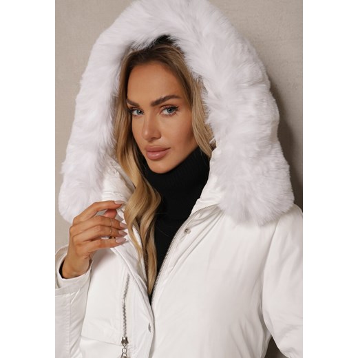 Biała Kurtka Wiązana w Pasie z Kapturem i Odpinanym Futerkiem Tintethia Renee M okazyjna cena renee.pl