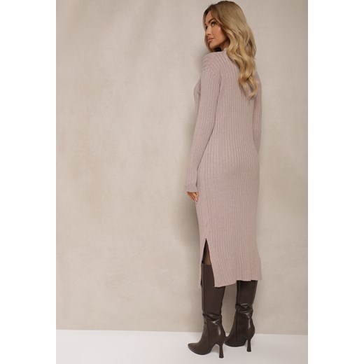 Ciemnobeżowa Dzianinowa Sukienka z Wiskozą Zdobiona Rozcięciami u Dołu i Renee ONE SIZE renee.pl okazja